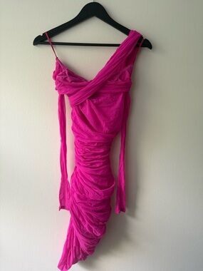 DSQUARED2 Hot Pink Fuchsia Off the Shoulder Ruched Mini Dress. Size S.